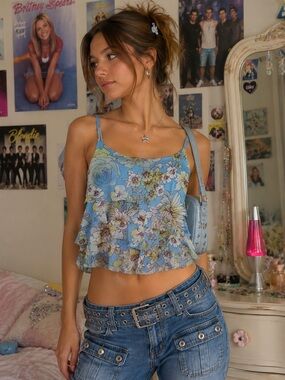 Y2K Weston Wear Baby Blue Floral Ruffle Micro Mesh Cami Top Sz S Fairycore Girly